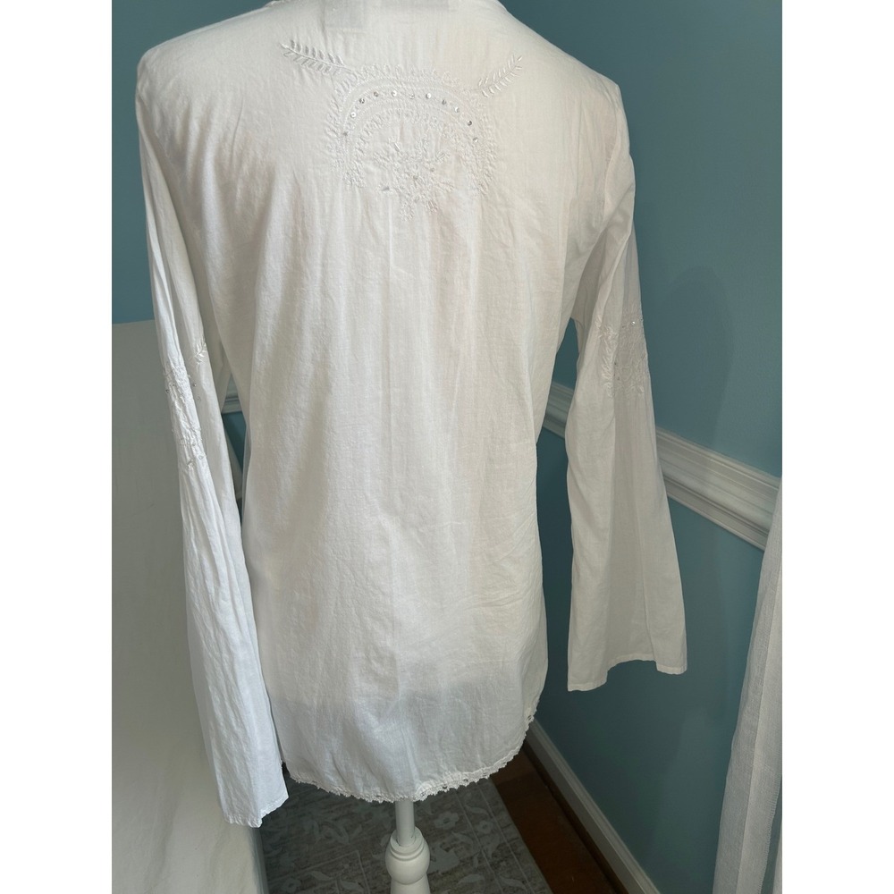 Andrew & Co Womens White Cotton Embroidered Sequin V-Neck Tunic Bell Sleeve L - Picture 6 of 10